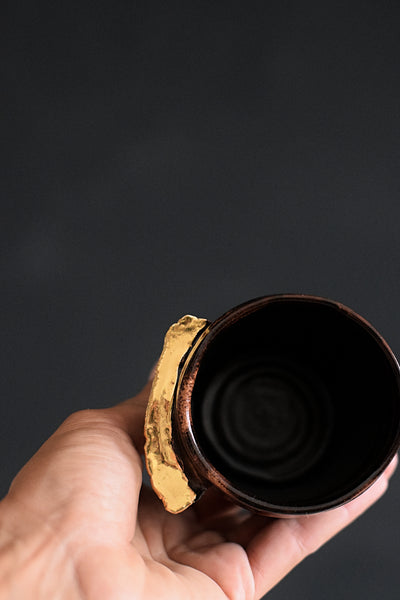 ENYA // Japanese Temmoku brown 150ml  long espresso coffee cup w/ gold wing