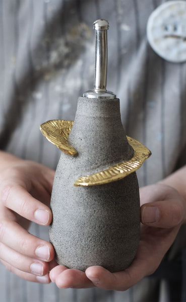 Gray stone olive oil bottle w/ gold holder