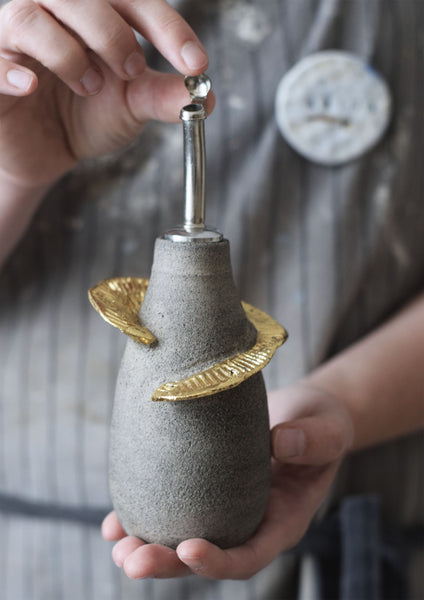 Gray stone olive oil bottle w/ gold holder