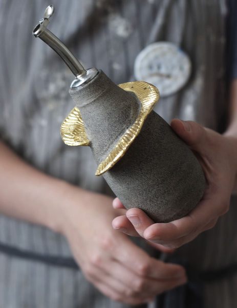 Gray stone olive oil bottle w/ gold holder