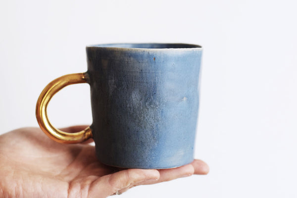 Organic cylinder mat blue mug w/ gold handle
