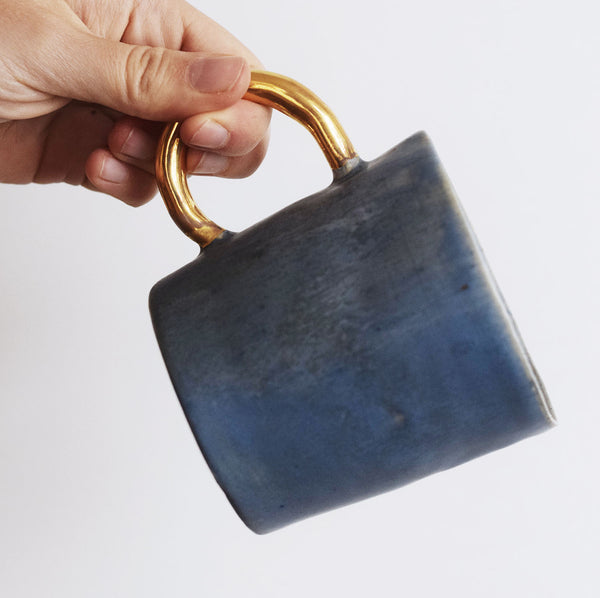 Organic cylinder mat blue mug w/ gold handle