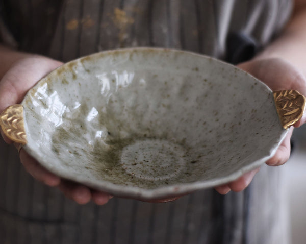 Organic wood fired bowl w/ gold handles