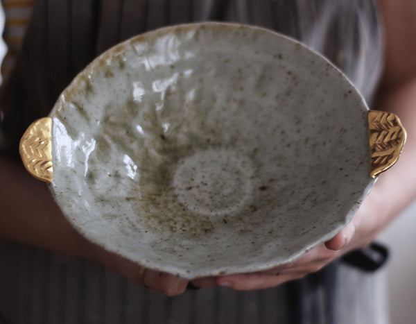 Organic wood fired bowl w/ gold handles
