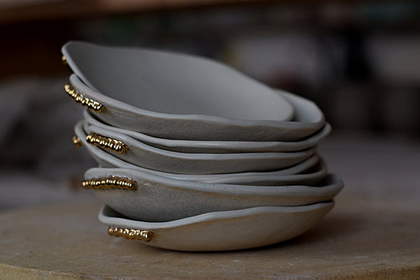 Earthy porcelain desert plate w/ gold pearls