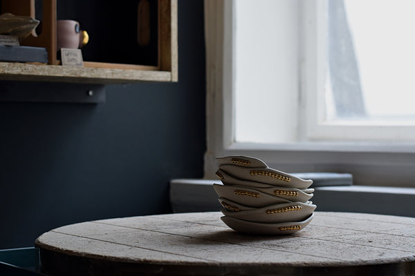 Earthy porcelain desert plate w/ gold pearls