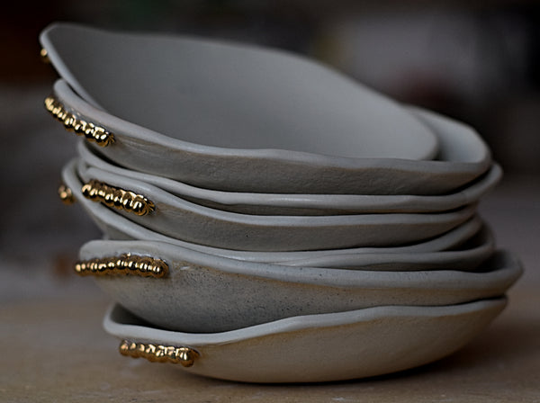Earthy porcelain desert plate w/ gold pearls