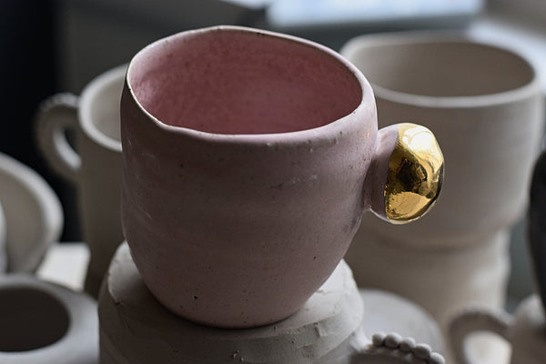 Matte Pink Cup w/ Gold stone handle