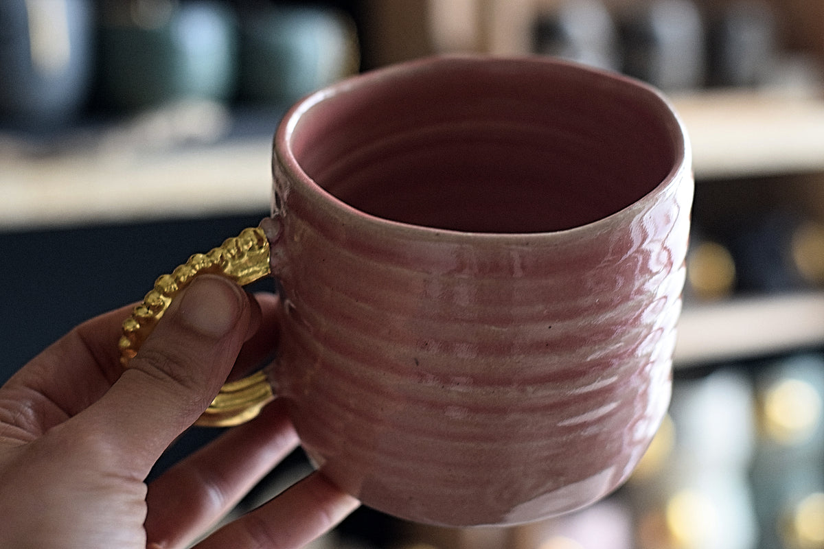 Pinched Blushed Pink Coffee Cup w/ pearl handle #2 – Terra Ceramics Prague