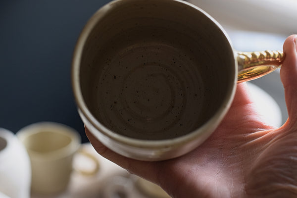 Pinched Beige Coffee Cup w/ pearl handle #1 // SOLD OUT