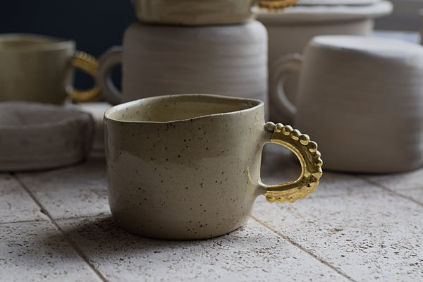 Pinched Beige Coffee Cup w/ pearl handle #1 // SOLD OUT