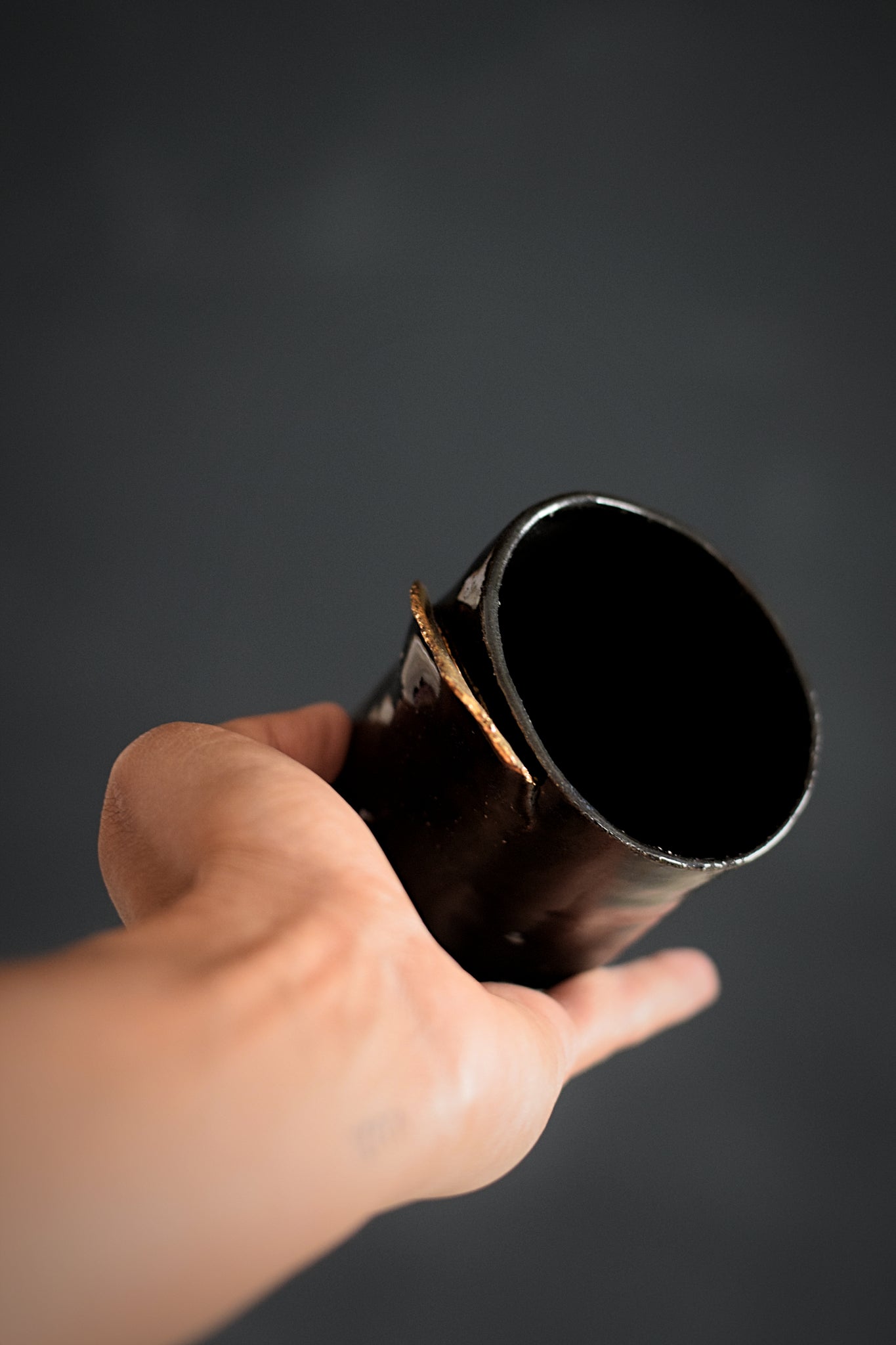 ENYA // Shiny charcoal 150ml long espresso coffee cup w/ gold wing #1