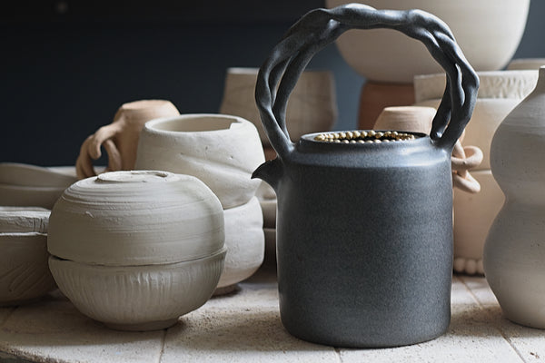 Charcoal & Tree handle Teapot with Gold pearl lid //