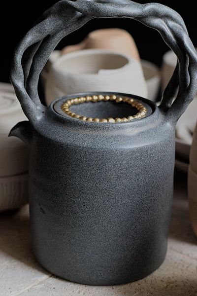 Charcoal & Tree handle Teapot with Gold pearl lid //
