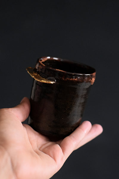 ENYA // Japanese Temmoku brown 150ml  long espresso coffee cup w/ gold wing