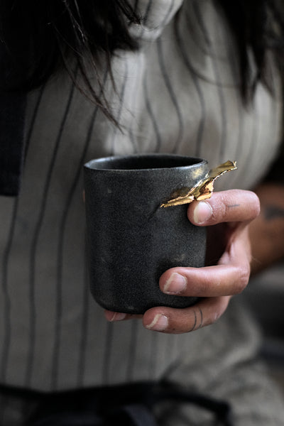 ENYA // Shiny charcoal 150ml long espresso coffee cup w/ gold wing #1