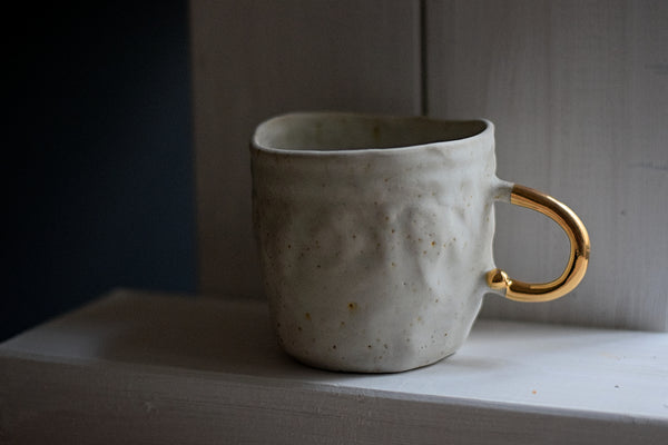 Pinched Matte White Coffee Cup w/ gold pearl handle #1